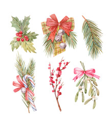 A set of watercolor illustrations with spruce branches decorated with ribbons and bells, mistletoe sprigs with berries. New Year's and Christmas decorations.