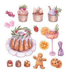 A set of illustrations of New Year's and Christmas sweets drawn in watercolor: candies, cupcakes, marshmallows, Christmas cake, gingerbread man, cookies, cocktail.