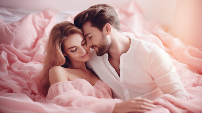 Young smiling couple in love lying in bed. Man and woman sleeping together. Closeup of lovers on pink background. Relationship, Valentine's Day, love, happy marriage concept. For banner, billboard