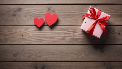 Gift Box and Small Hearts on Wooden Table, Top View, Copy Space