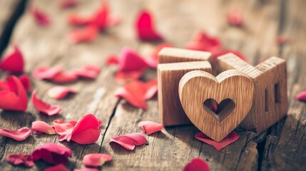 Red rose petals and wooden heart on on old desk. Valentine's Day card design with space for text.
