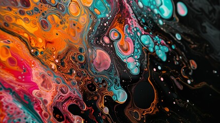 Liquid forms on black background, with multicolored paint. Orange, pink, and turquoise paint dynamic flow.