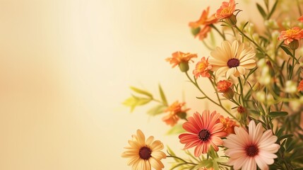 Mothers day card design with space for text, and spring flowers. Warm pastel colors and depth of field. Space for text.