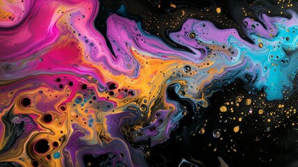 Liquid forms on black background, with multicolored paint. Orange, pink, purple, and turquoise paint dynamic flow.