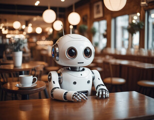 cute robot with round eyes in cafe
