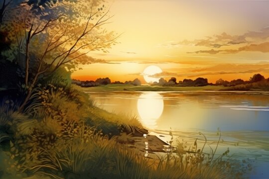  a painting of a sunset over a body of water with trees in the foreground and a body of water in the foreground with grass and trees in the foreground.
