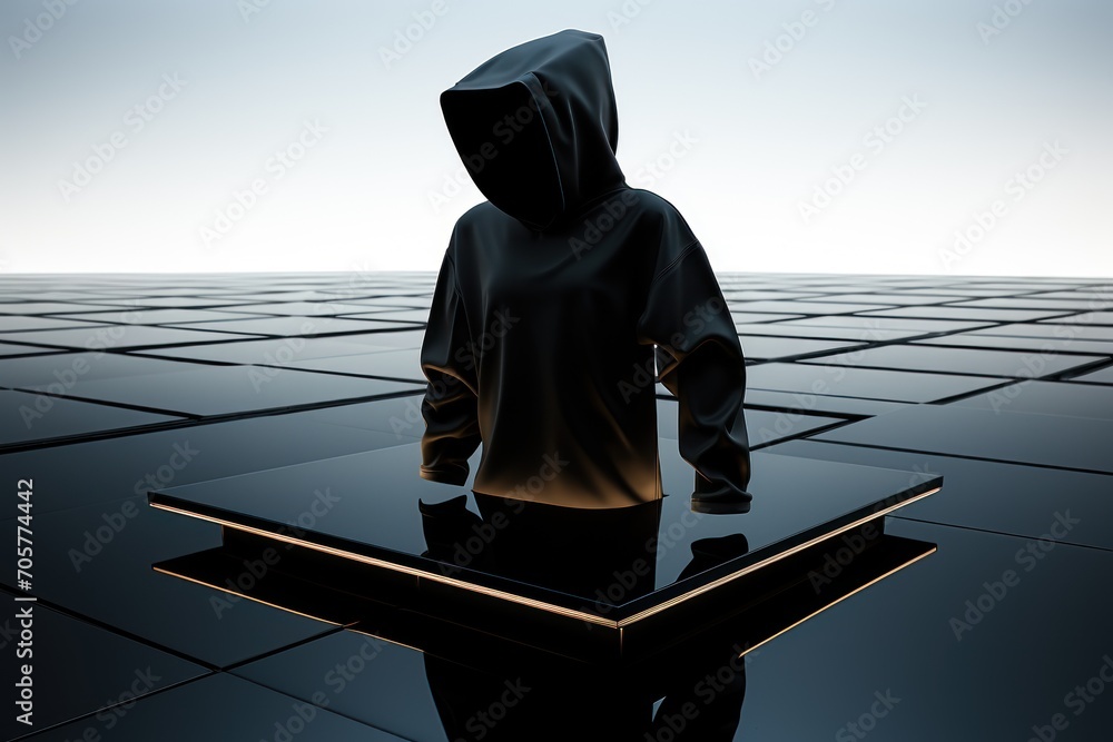 Poster a person in a hoodie is standing in front of a table with a black surface and rows of rows of rows o