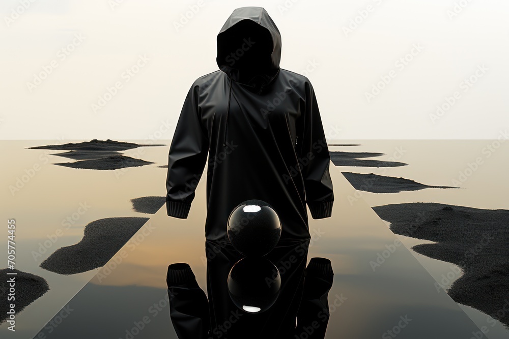 Poster a person in a hooded jacket is standing in the middle of a large body of water with a glowing object