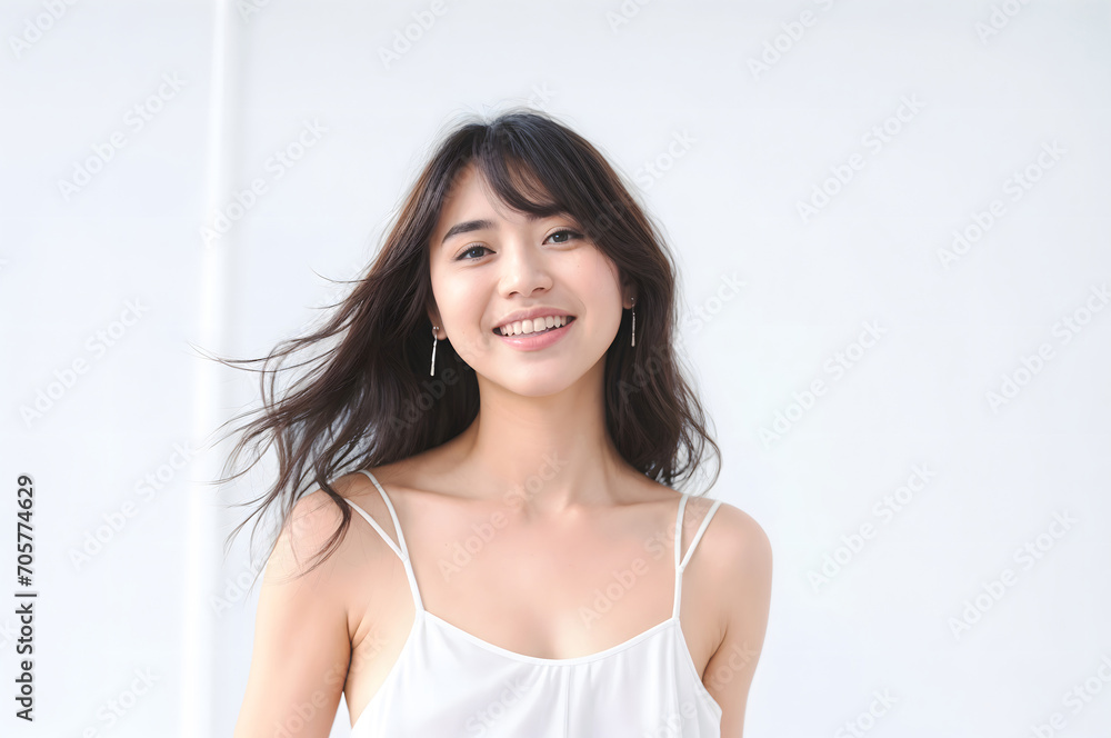 Wall mural Portrait of Beautiful Asian Woman with her Smooth skin look at camera on White background in Studio light. generative AI.