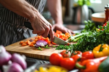 vegetables getting chopped on a desk in bright kitchen 