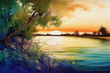  a painting of a sunset over a body of water with trees in the foreground and birds flying over the water at the far end of the water's edge.