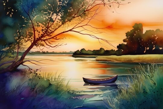  a painting of a boat on a river at sunset with a tree in the foreground and grass in the foreground, and a body of water in the foreground.