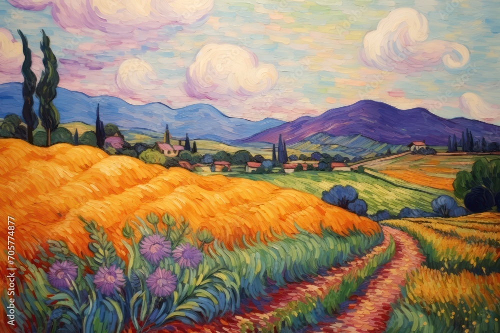 Poster a painting of a wheat field with a road going through it and hills in the distance with clouds in th