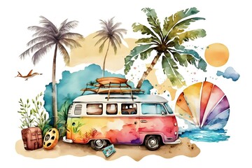 watercolor summer travel scene on white background