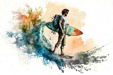 watercolor surfing lifestyle - obrazy, fototapety, plakaty