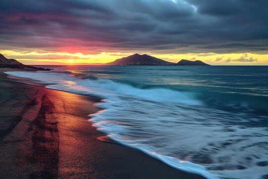  a sunset on a beach with waves crashing on the shore and mountains in the distance with clouds in the sky and a sun setting over the ocean and mountains in the distance.
