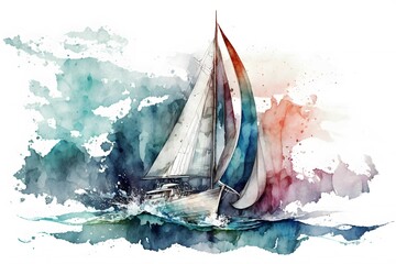 watercolor sailboat scene on white background - obrazy, fototapety, plakaty