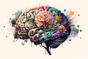 Poster Crâne aquarelle watercolor brain concept art with flowers