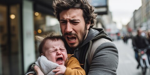 Tired city-dwelling father attempting to calm crying baby amidst street noise, concept of Sleep deprivation - obrazy, fototapety, plakaty