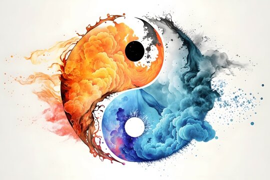 watercolor water and fire ying yang on white background