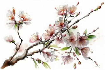 watercolor sakura tre branch on white background - obrazy, fototapety, plakaty