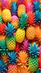 AI generated illustration of colorful arrangement of pineapples in the background
