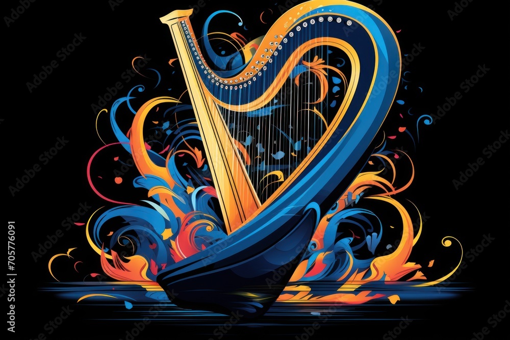 Poster a painting of a harp with fire and water swirling around it on a black background with a splash of p