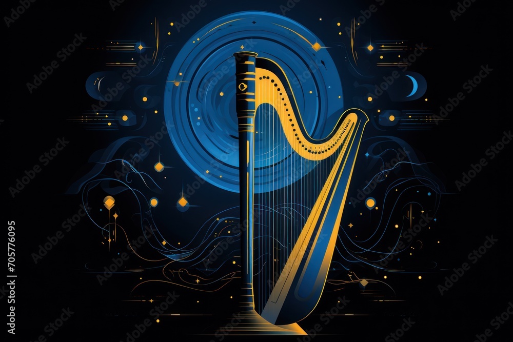 Poster a golden harp sitting in front of a blue and black background with a swirly design on the bottom of 