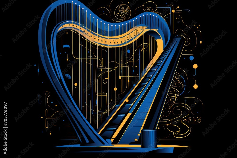 Aufkleber a harp sitting on top of a train track next to a blue and yellow design on a black background with a