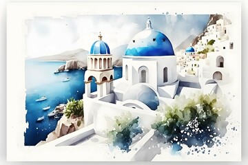 watercolor santorini scene on white background - obrazy, fototapety, plakaty