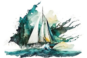 watercolor sailboat scene on white background - obrazy, fototapety, plakaty