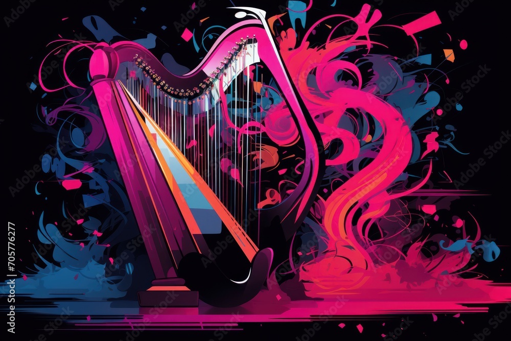 Poster a colorful harp on a black background with a splash of paint on the bottom of the image and a splash