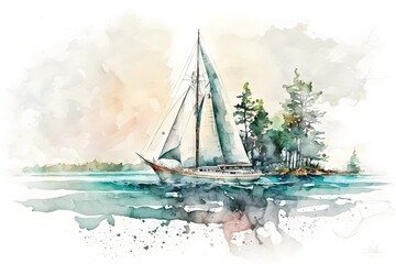 watercolor sailboat scene on white background