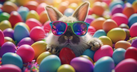 Fototapeta na wymiar a sunny bunny in sunglasses celebrating Easter with a basket filled with vibrant and sunny-colored eggs, creating a festive and joyful scene.