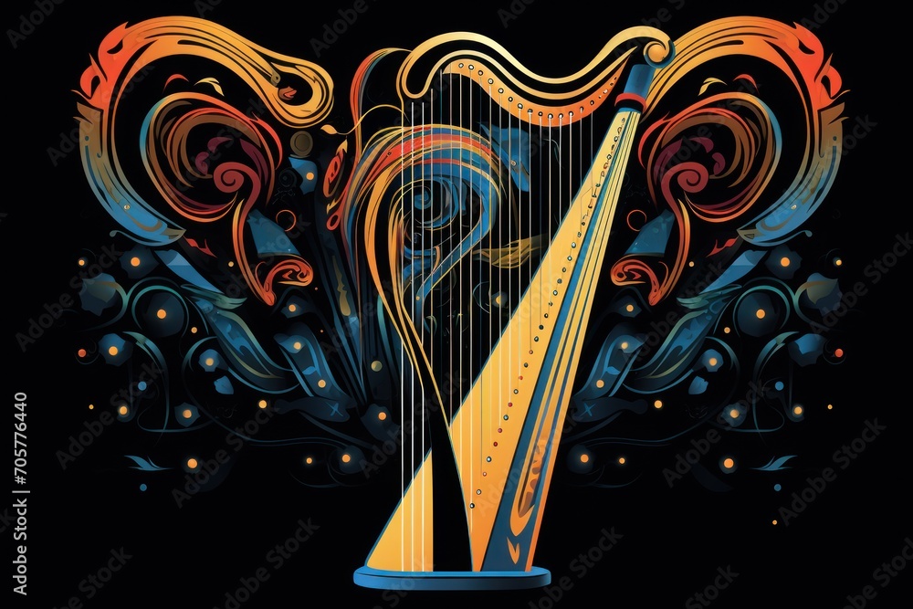 Poster a colorful illustration of a harp on a black background with swirls and swirls coming out of the top