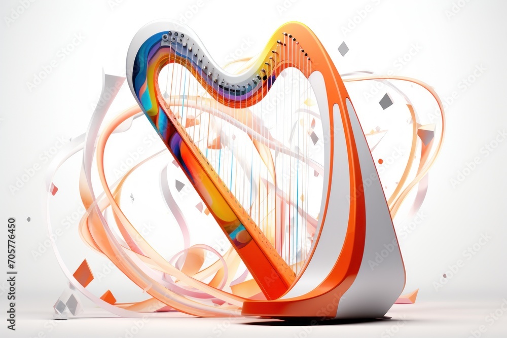 Poster an orange and white harp sitting on top of a white table next to an orange and white object with a s