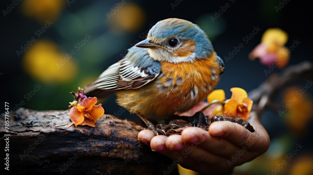 Poster a close up of a person holding a small bird on a tree branch with flowers in the foreground and a bl