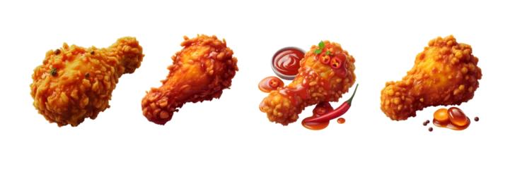 Foto op Aluminium Set of delicious Hot fried chicken leg piece with chili sauce, isolated over on transparent white background. © Mithun