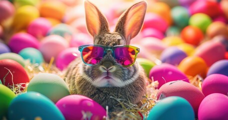 Banner capturing the cheery spirit of a bunny in sunglasses participating in an Easter egg hunt, surrounded by a collection of vibrant eggs