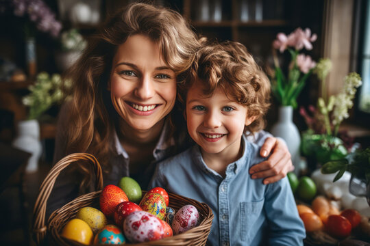Sweet family portrait of a happy mother and little son holding a wicker basket full of painted colorful Easter eggs