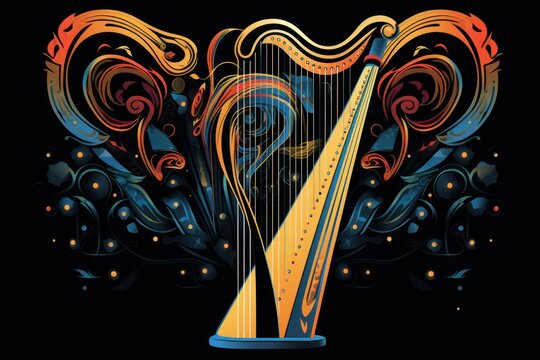 a colorful illustration of a harp on a black background with swirls and swirls coming out of the top of the harp, and the bottom of the strings.