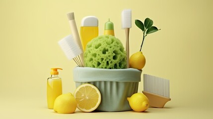 eco basket with cleaning brushes, lemon - obrazy, fototapety, plakaty