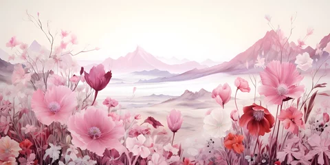 Rideaux occultants Destinations pink floral landscape on a white background