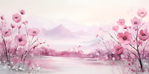 pink floral landscape on a white background