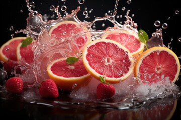  grapefruit, oranges, and raspberries are splashing into a glass of water on a black background with a splash of water on the surface.