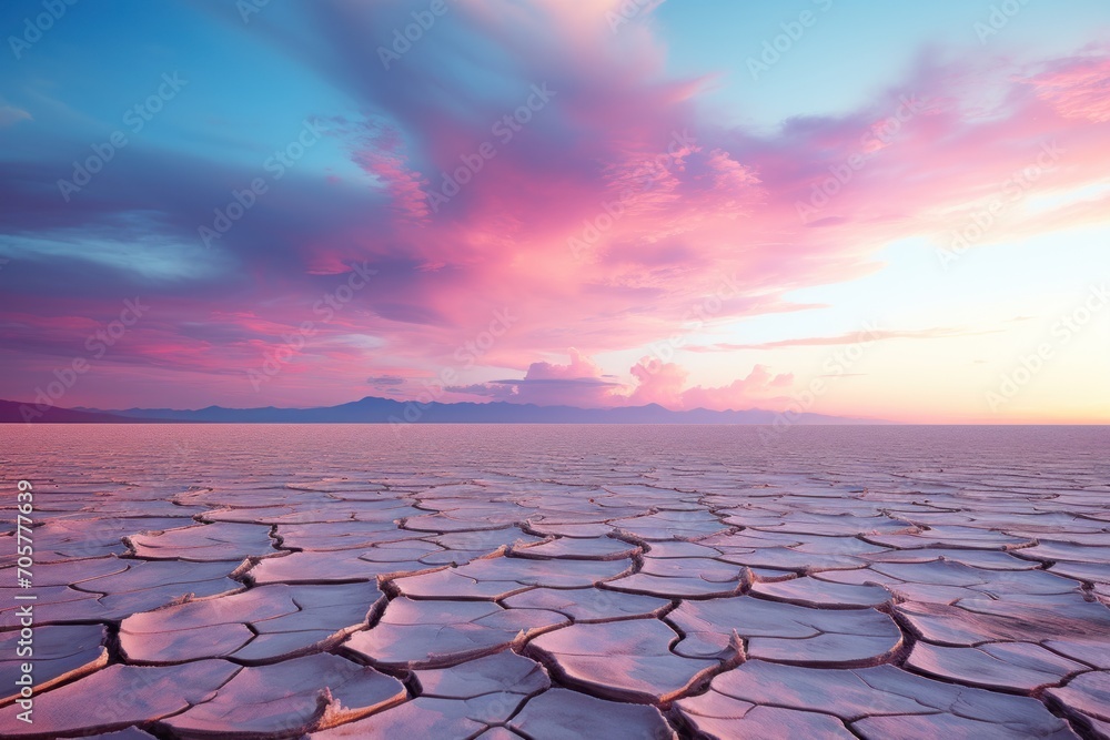 Poster a view of a vast expanse of land with a pink sky in the background and a few clouds in the sky with 