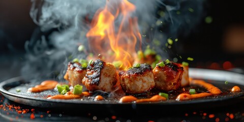 Culinary Mastery of Charred Perfection: A dish highlighted for its flavorful symphony in every spiced bite - Flavor Explosion in Every Bite - Dramatic, bold lighting capturing the intensity