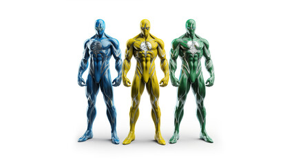 Fototapeta na wymiar three Marvel movie style super heroes spaced apart from each other Super LPG in yellow