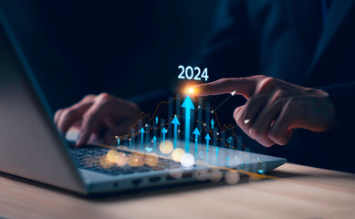 2024 Business growing with virtual digital graphics line increase arrow. Financial balance sheet....