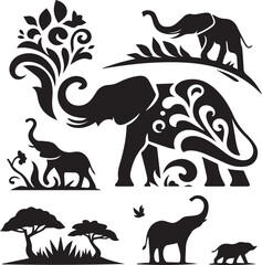  Elephant collection, Set of editable vector silhouettes icon in various poses